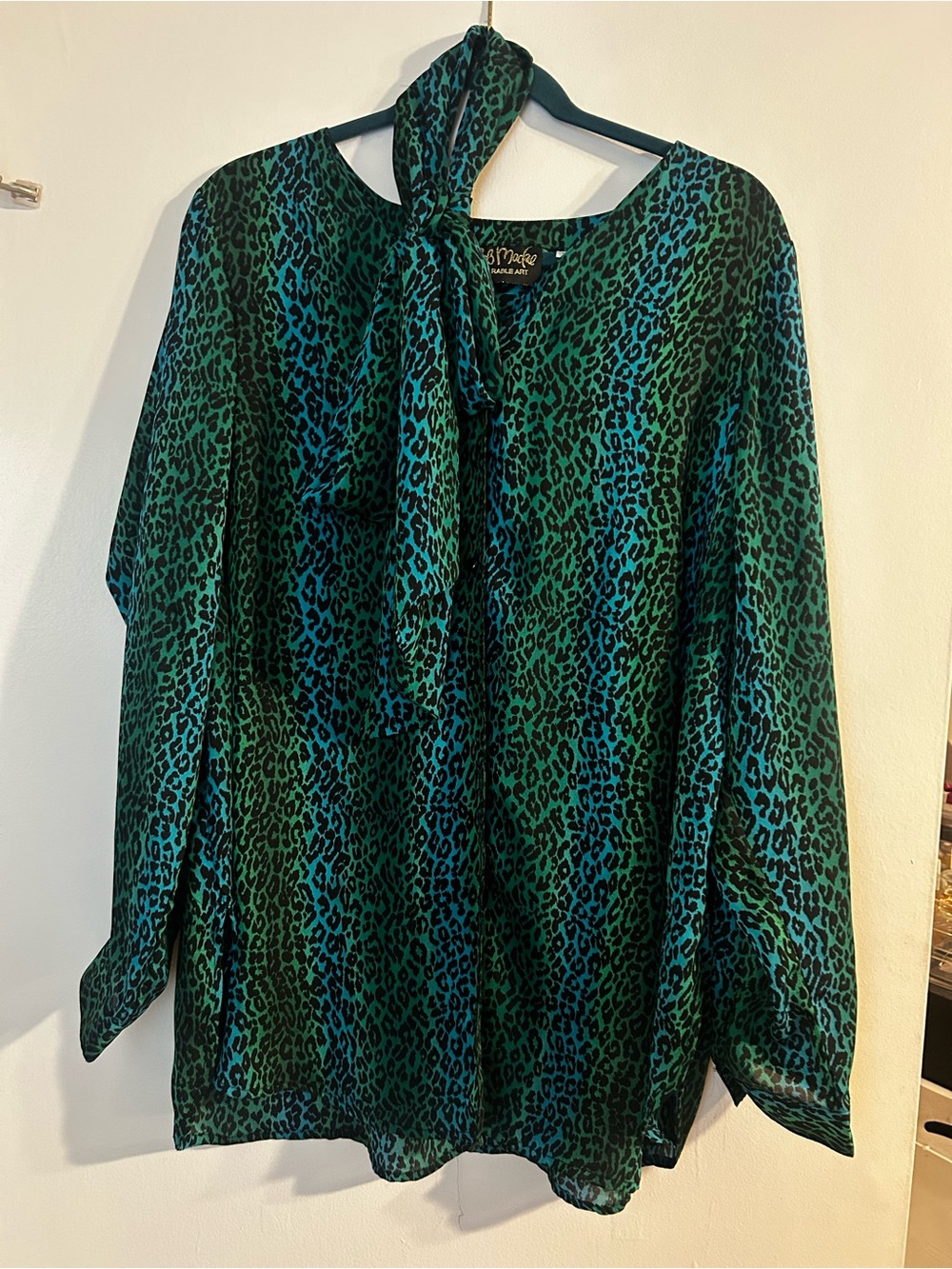 Bob Mackie Teal Leopard Print Tie-Neck tunic Blouse